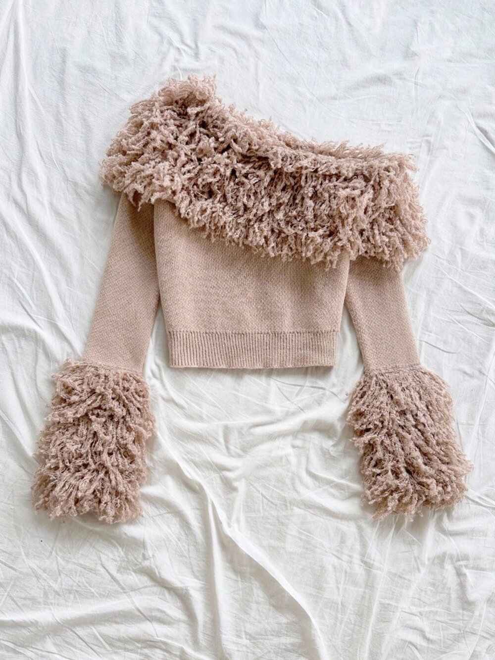Apricot Casual Women's Contrast Faux Fur Rib-Knit Off The Shoulder Pullovers